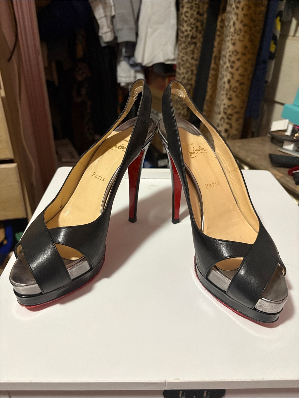 Christian Louboutin Black Leather Peep-Toe Heels